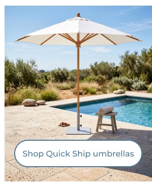 Open white umbrella by pool deck. Image Text: Shop Quick Ship umbrellas