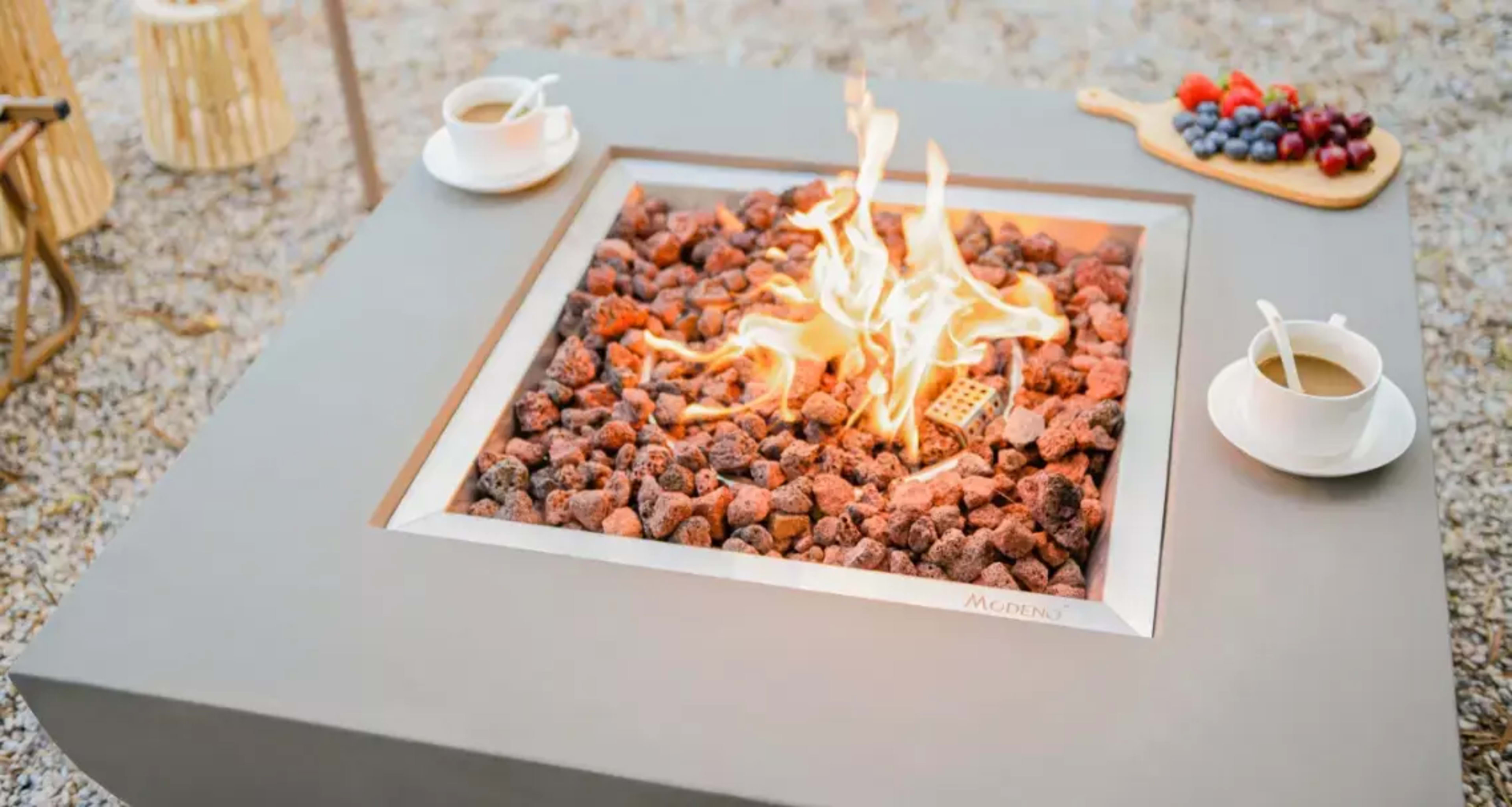 <p>Modeno’s gas fire pits and tables are handcrafted from durable (yet lighter-weight) glass-fiber reinforced concrete. Choose from natural gas or propane-fueled fire pits featuring a battery-powered ignition with a shut-off valve.</p>