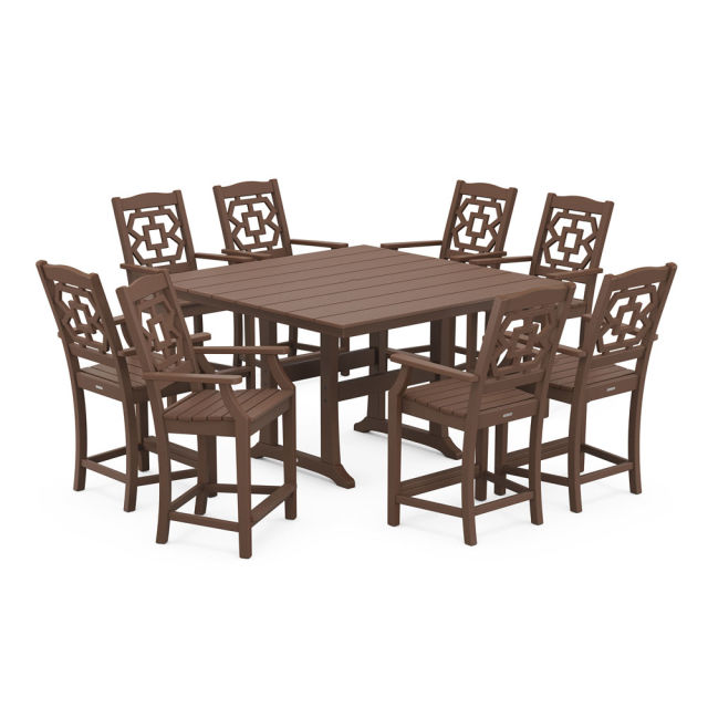 Polywood Chinoiserie 9-Piece Square Farmhouse Counter Set with Trestle Legs