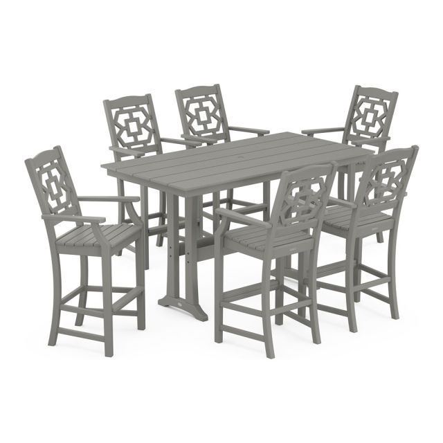 Polywood Chinoiserie Arm Chair 7-Piece Farmhouse Bar Set with Trestle Legs