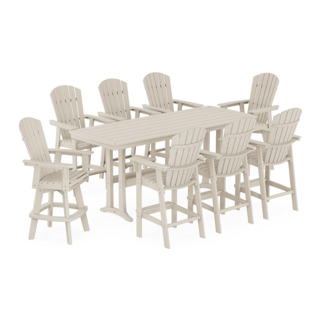 Polywood Nautical Curveback Adirondack Swivel 9-Piece Bar Set with Trestle Legs