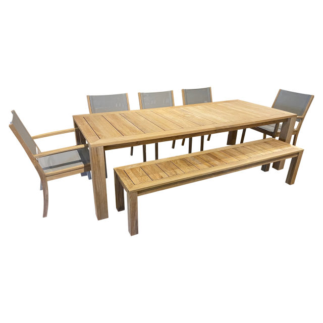 POVL Outdoor Foundation 97" 8-Seat Teak Dining Set with Foundation Bench and Calera Chairs