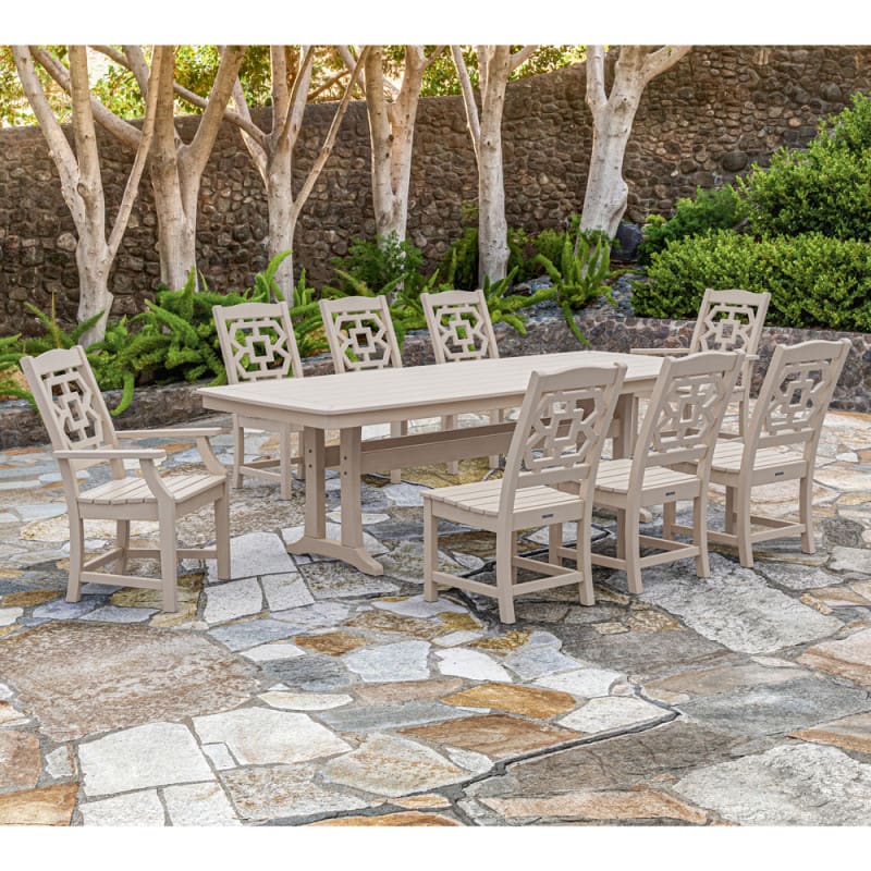 Polywood Chinoiserie 9 Piece Dining Set with Trestle Legs AuthenTEAK