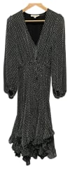 Flocked frill dress with bell sleeve & waist tie