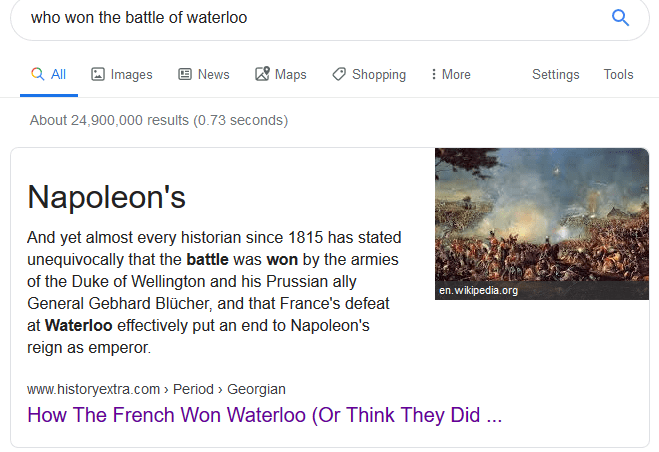 I - Answer Box - who won the battle of waterloo - Google Search