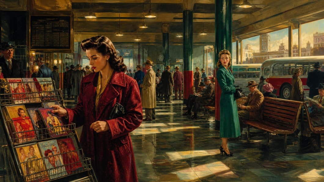 A woman selects a paperback from a bus-terminal rack while another woman watches across the room.