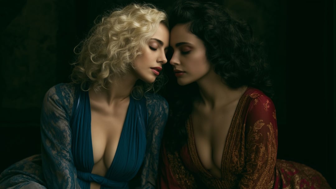 A moody, cinematic shot of a woman gently gripping the collar of another woman's shirt, showcasing the breathless anticipation of sapphic tension.