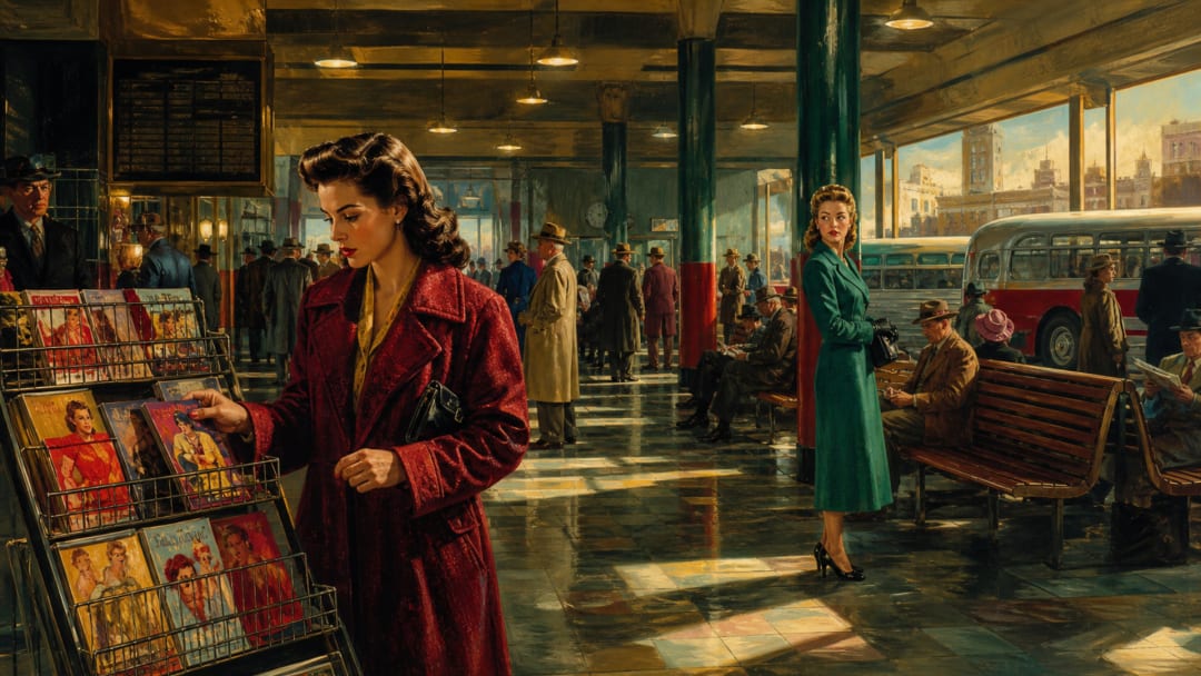 A woman selects a paperback from a bus-terminal rack while another woman watches across the room.