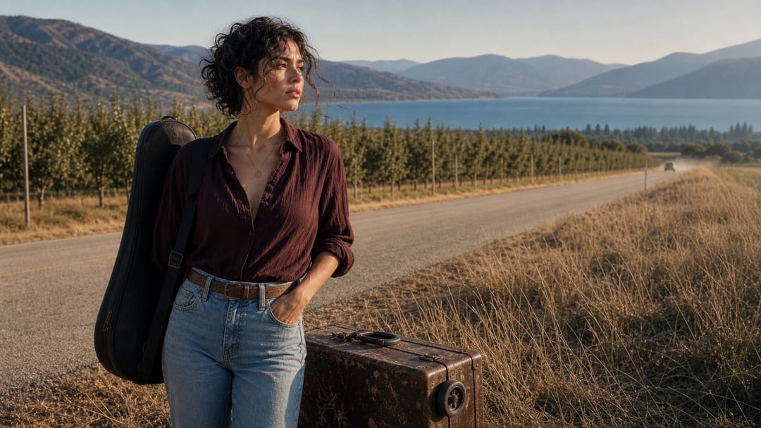 Kath O'Kane arrives on an Okanagan road with her violin and broken suitcase.
