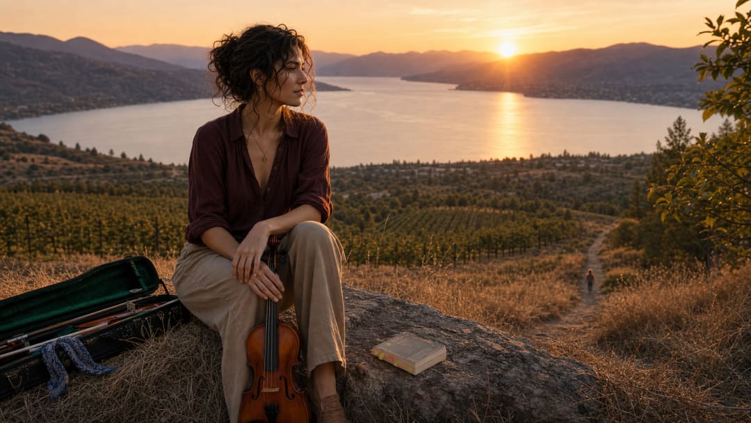 Kath O'Kane sits alone at the lookout with her violin above the Okanagan lake.