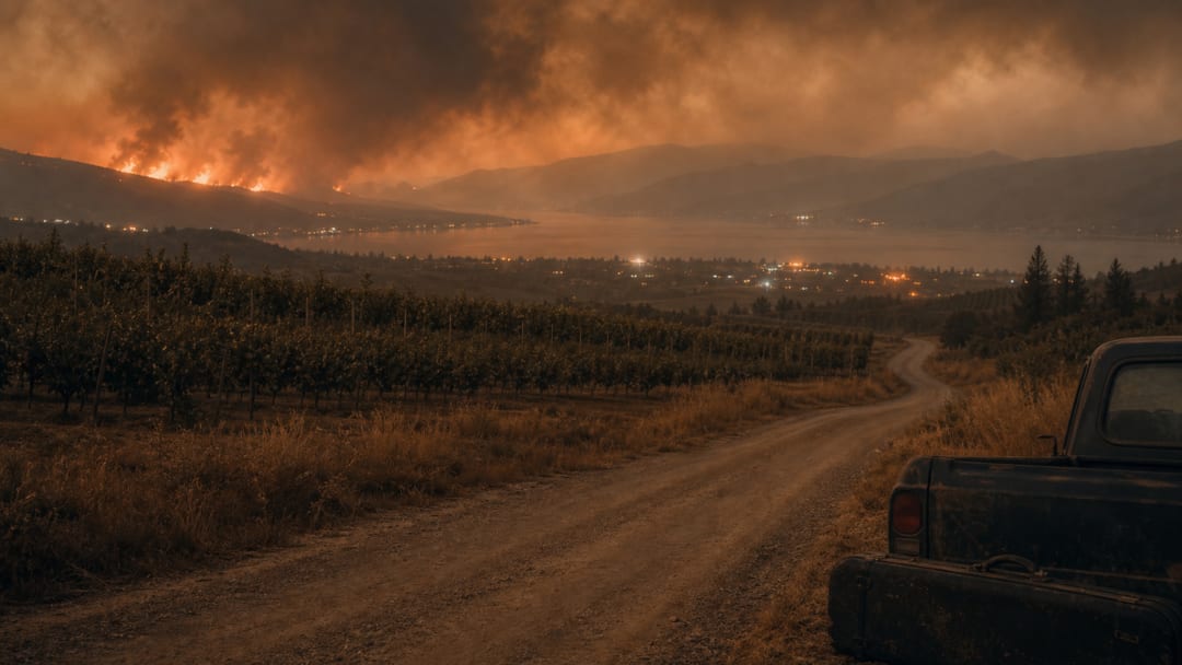 Smoke and fire-coloured sky over an Okanagan orchard road.