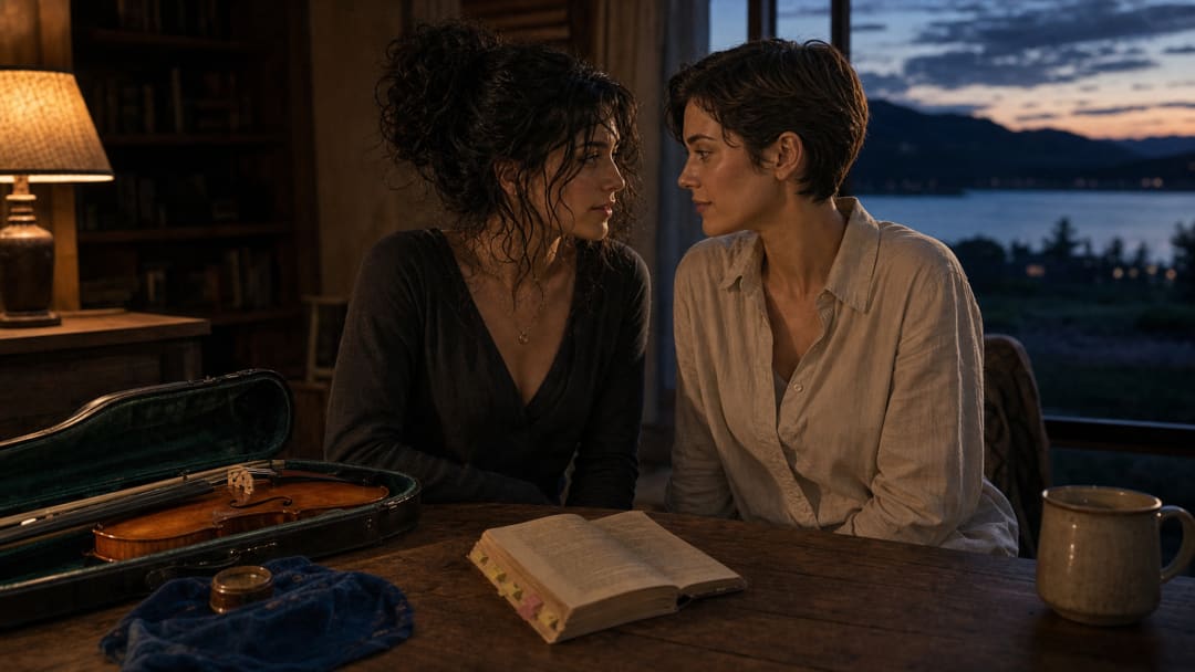 Kath and Alex sit close at Broadacres beside a violin, a marked book, and lamplight.