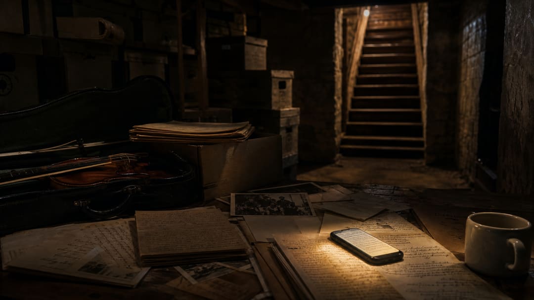 A basement archive of music papers, violin case, letters, and phone light.