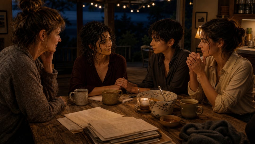 Women gather around a Broadacres kitchen table with papers, mugs, and warm light.