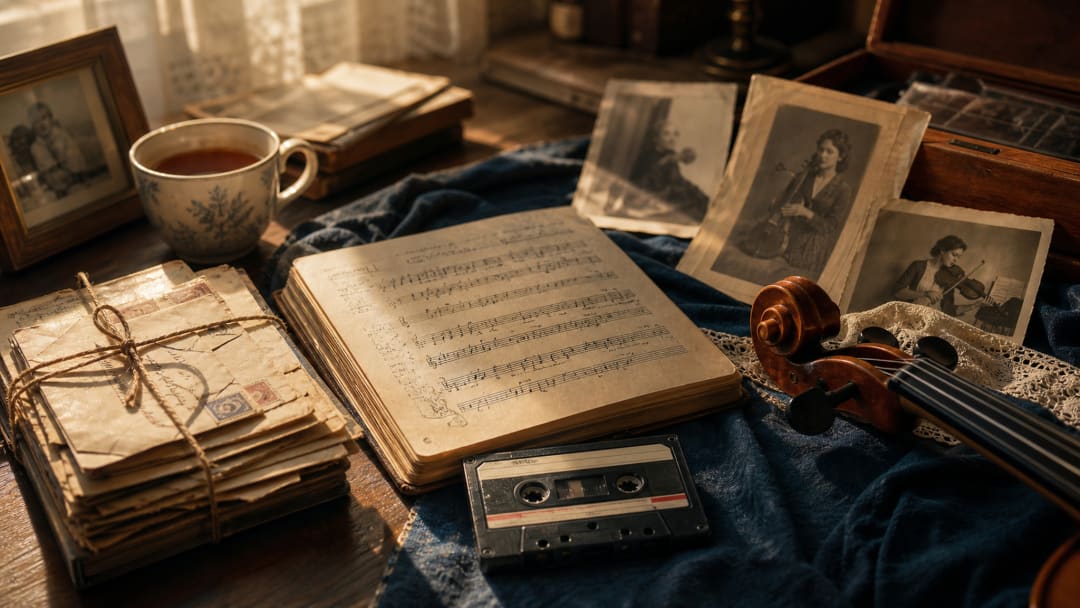 Eileen O'Kane's music archive with tune book, cassette, letters, photographs, and violin.