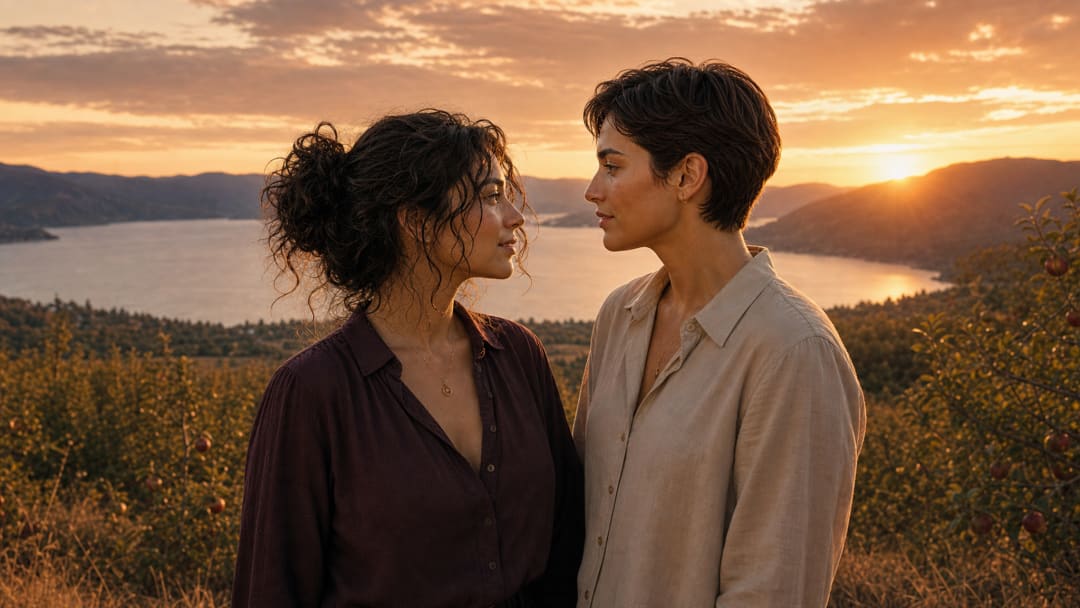 Kath and Alex stand close together at the Okanagan lookout at sunset.