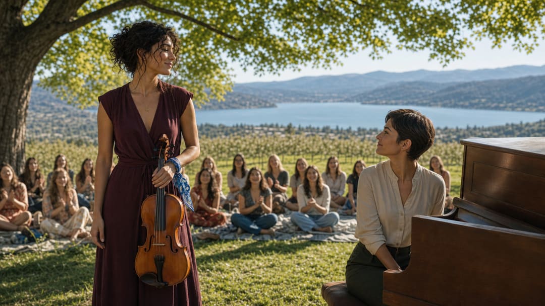 Kath plays violin outdoors while Alex accompanies her at the piano.