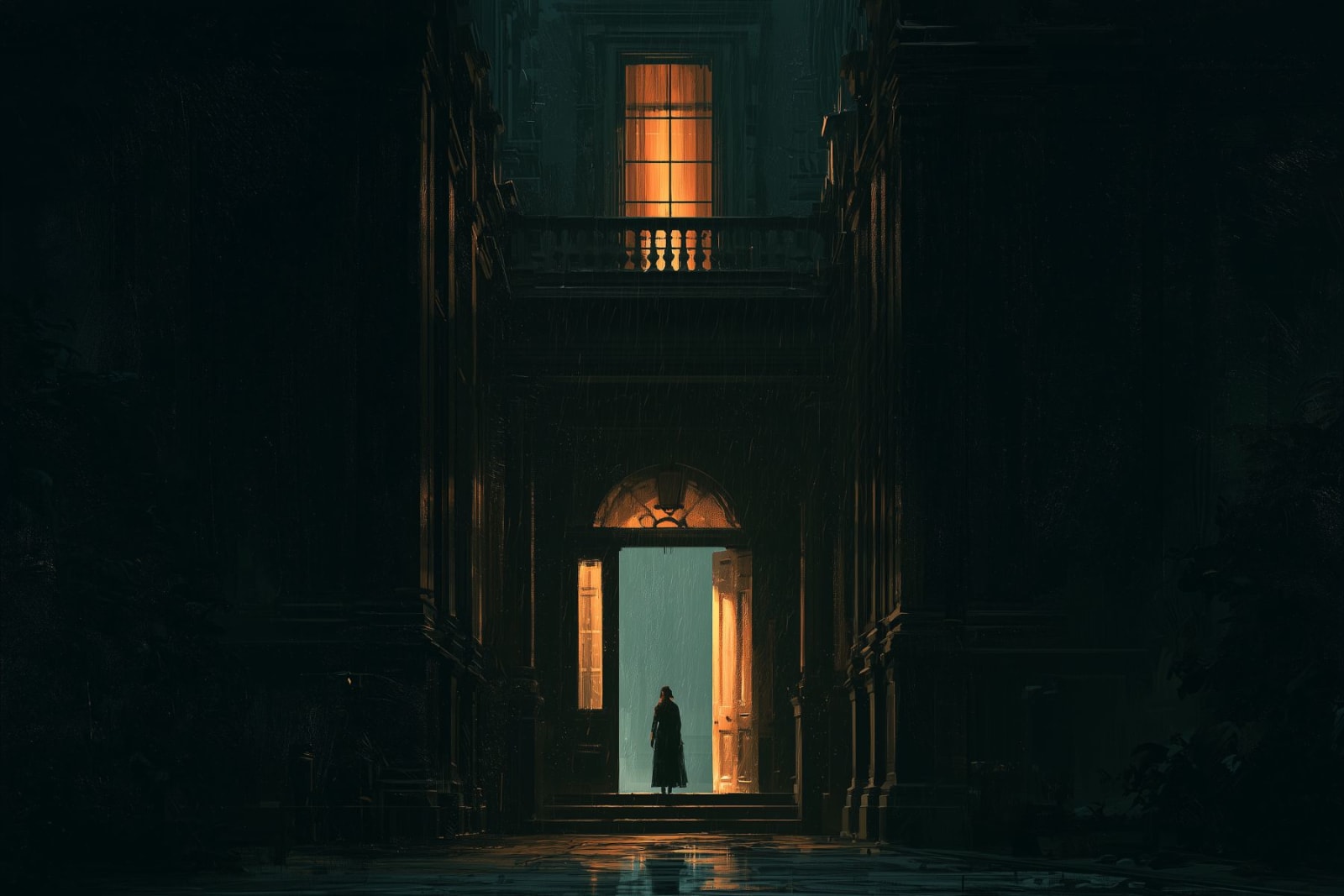 A lone woman stands in the illuminated doorway of a dark old house at dusk.