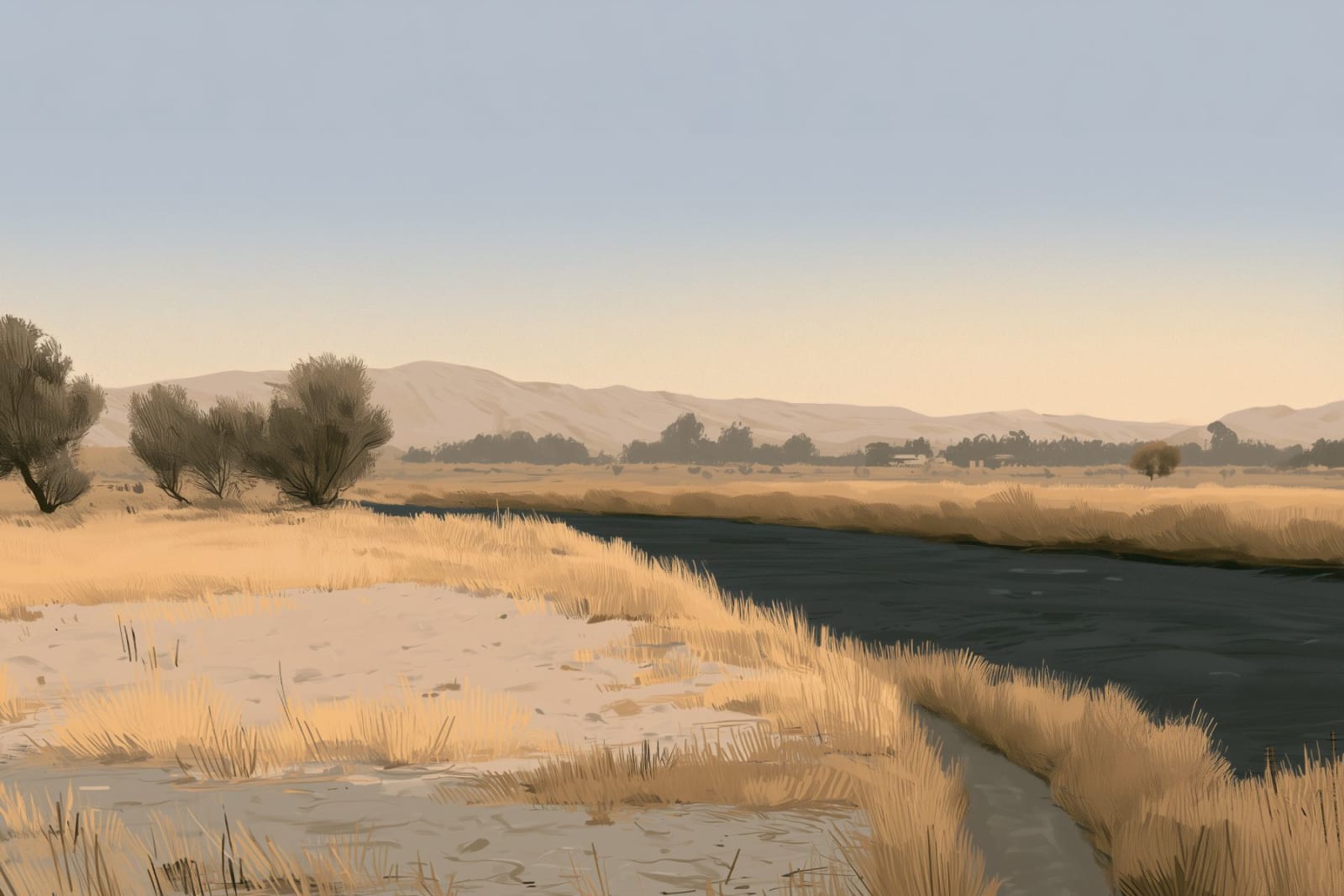 An isolated California riverbank at dusk, with dry golden grass, dark water, sparse trees, and distant muted hills beneath an open sky.
