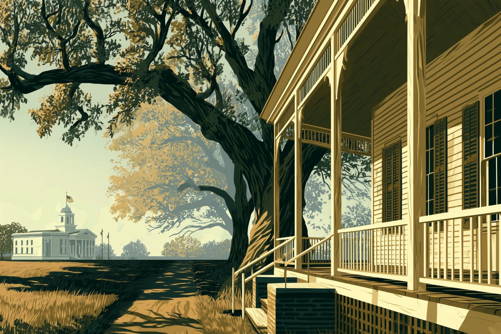 A quiet 1930s Alabama street with a white courthouse in the distance and a shaded wooden porch beneath mature trees.