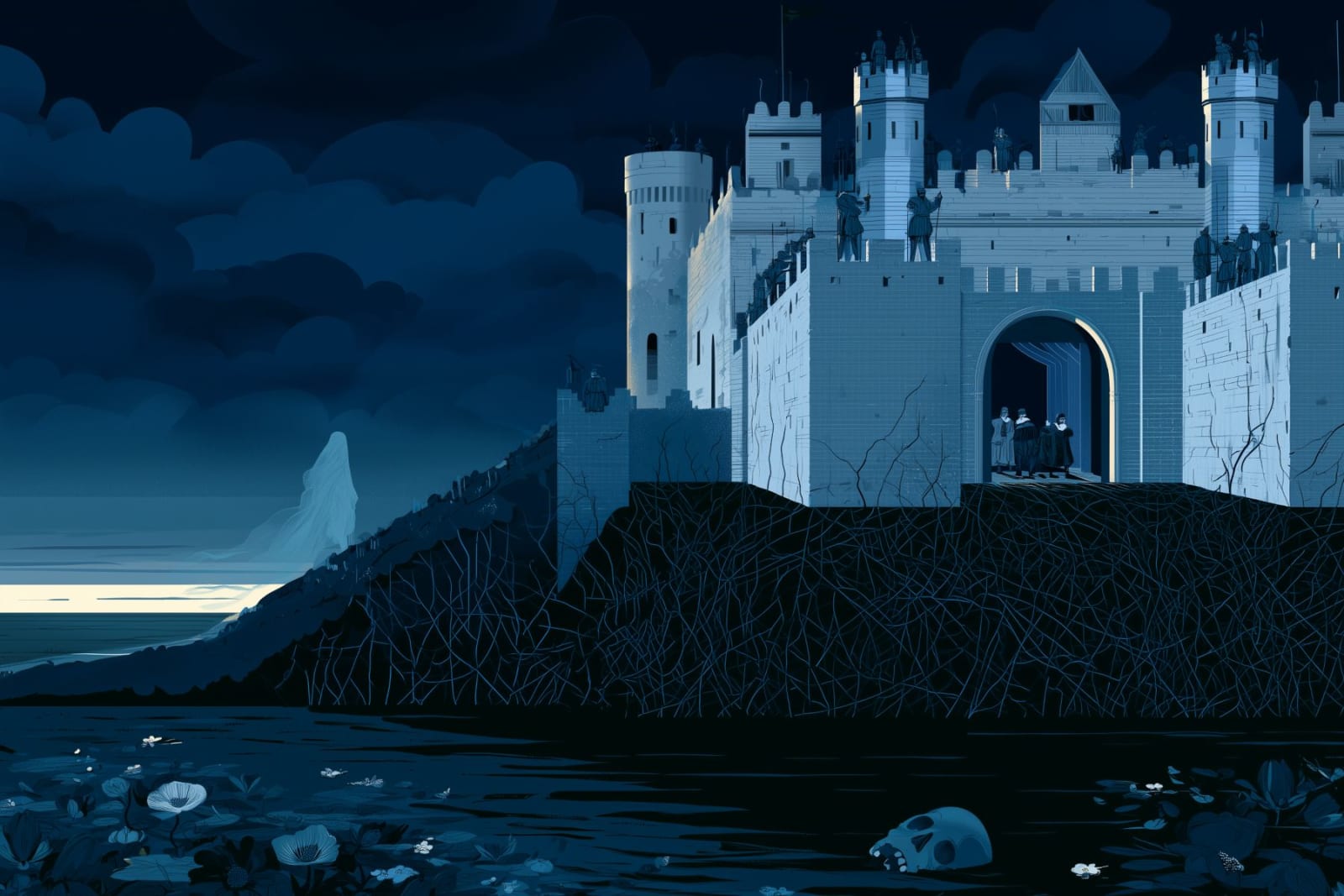 A fortified Danish castle at night surrounded by watchtowers, a ghostly path, a small stage, dark water, and roots spreading beneath the stone foundations.