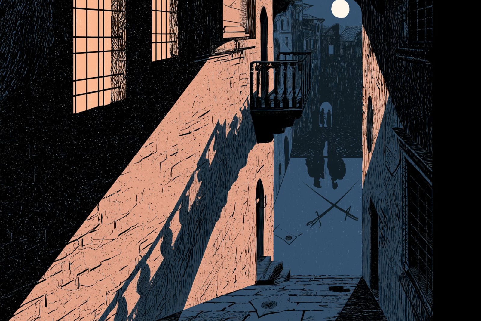 A divided Renaissance street in Verona at night, with warm window light, dark stone walls, and distant figures separated by shadow.