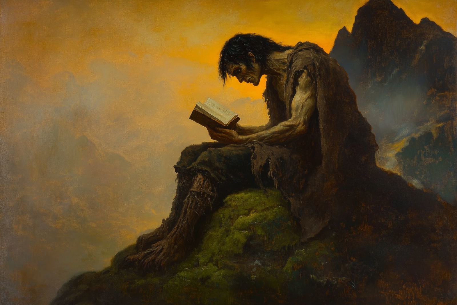 A large, solitary figure sits on rocky ground reading an open book beneath an amber sky.