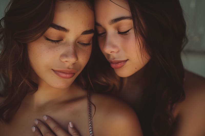 A cinematic close-up of two women sharing a tender, sensory touch, representing the emotional intimacy of the female gaze in sapphic romance.