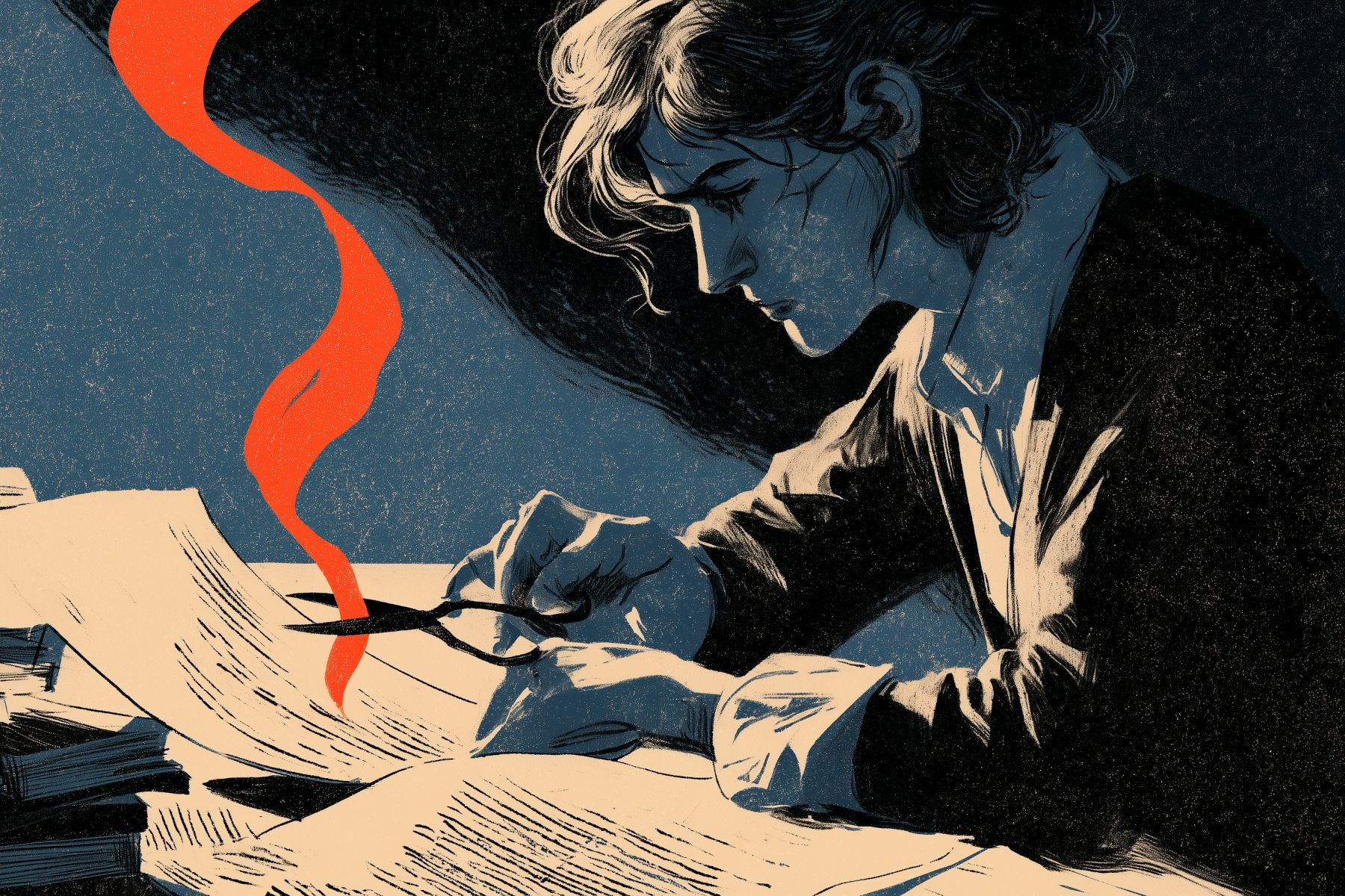 Writer cutting a line from a manuscript while a red thread rises from the page.