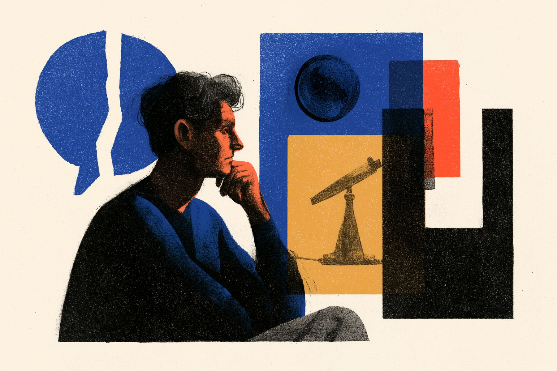 Thoughtful narrator in profile surrounded by four abstract symbols representing unreliable storytelling.