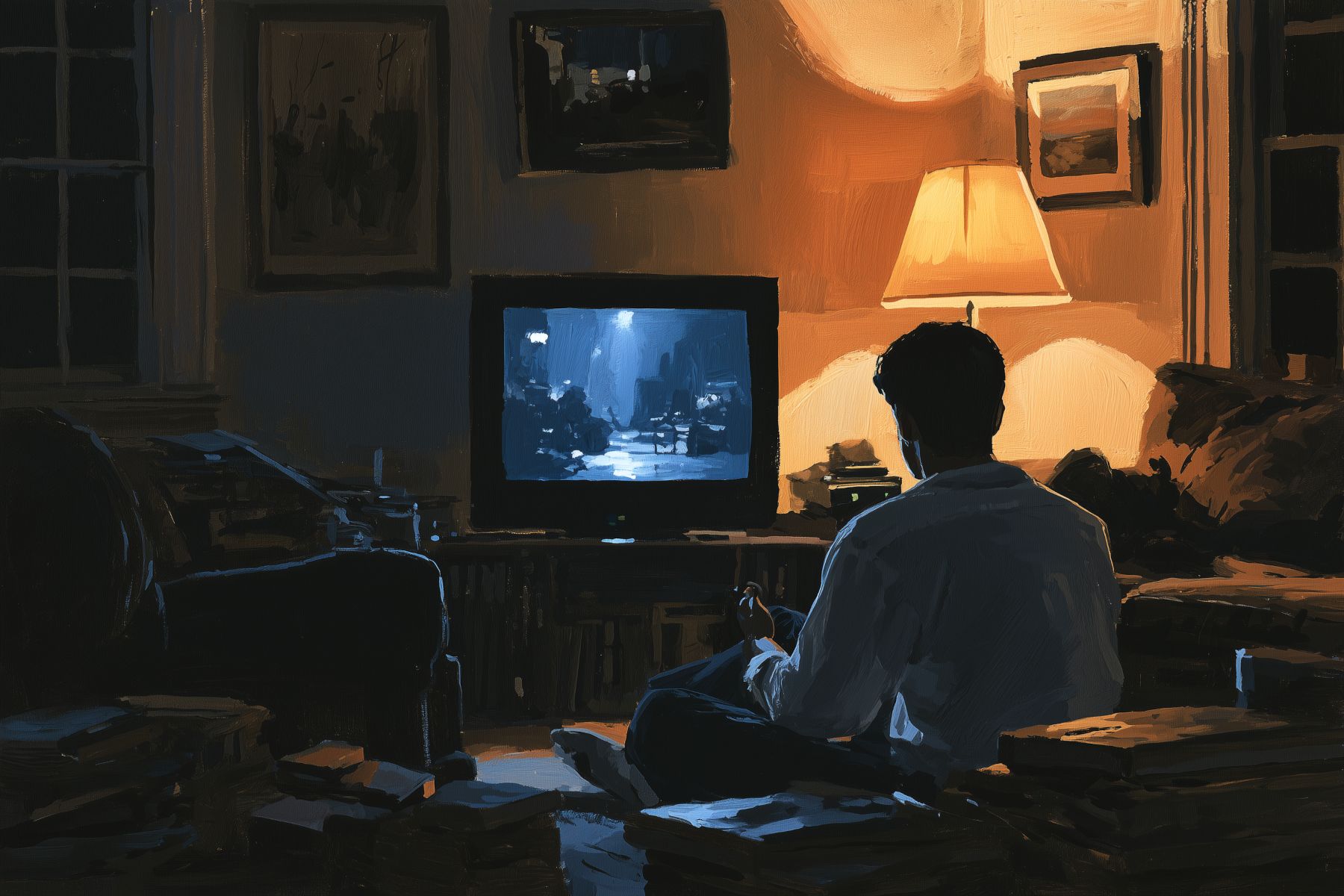 Person watching television in a dim room lit by a warm lamp and cool screen light.