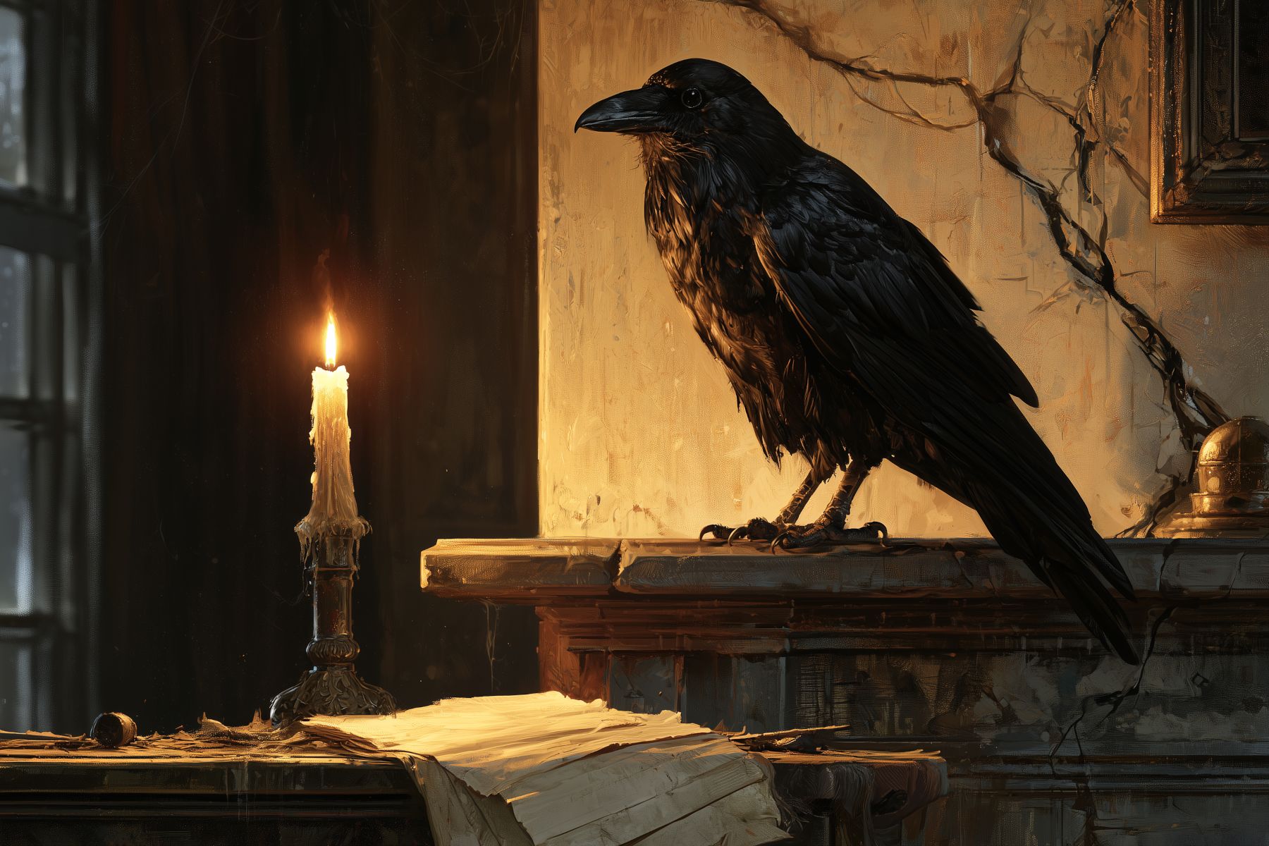 A candlelit writing room with a blank manuscript, a black raven, and a crack running through the wall.