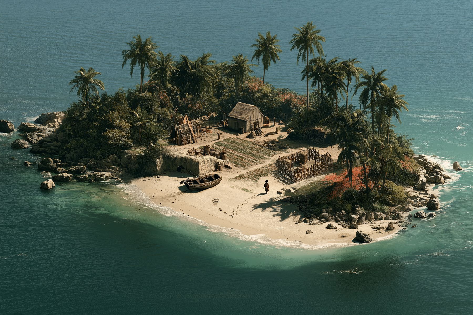 A castaway's island arranged like a ledger, with shelter, crops, tools, and a single footprint marked across the landscape.