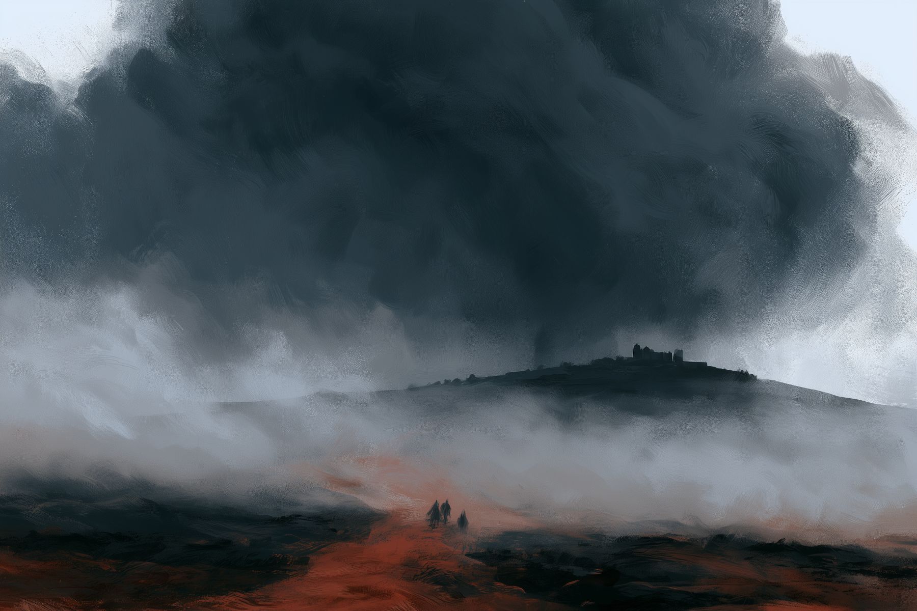 A mist-covered Scottish moor with a rust-coloured path leading toward a distant hilltop fortress beneath immense storm clouds.