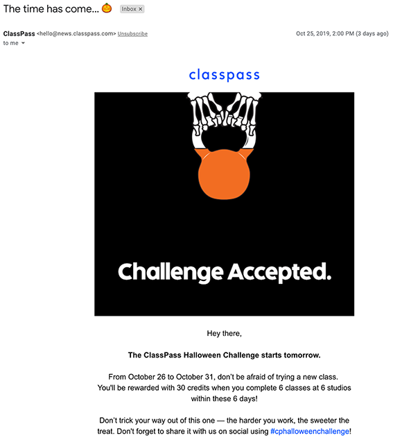 Classpass Halloween email example