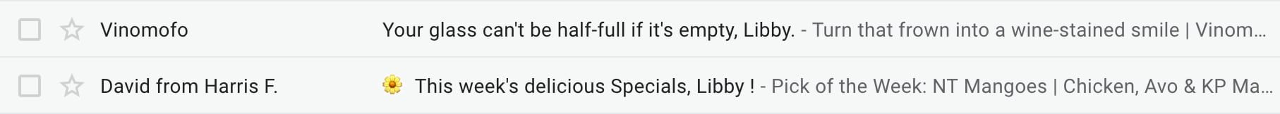 personalized email subject lines from Vinomofo and Harris Farm