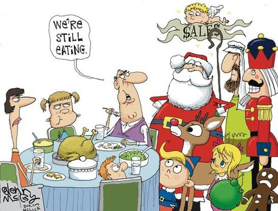 cartoon depicting family sitting down for Thanksgiving and Christmas characters waiting patiently