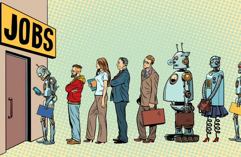 Cartoon of robots and humans lining up for job interview