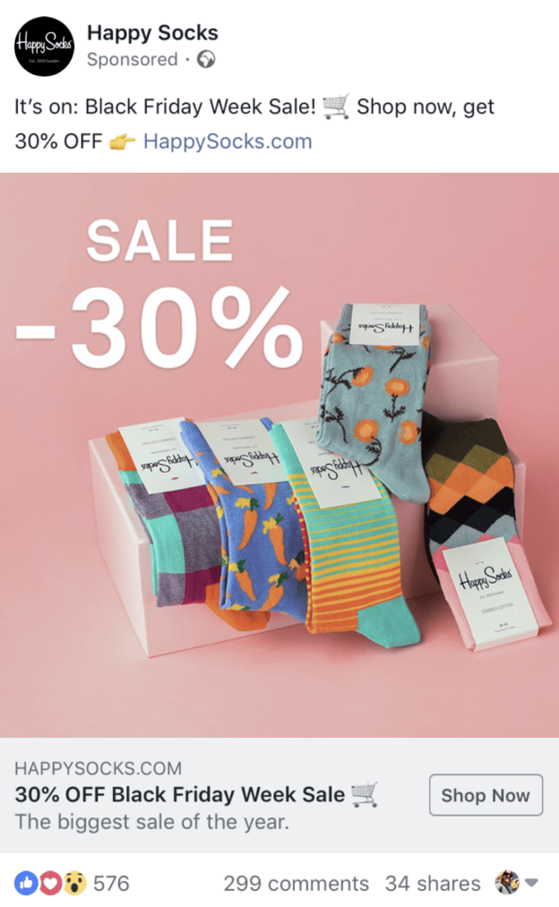 facebook ad for happy sock's black friday week sale