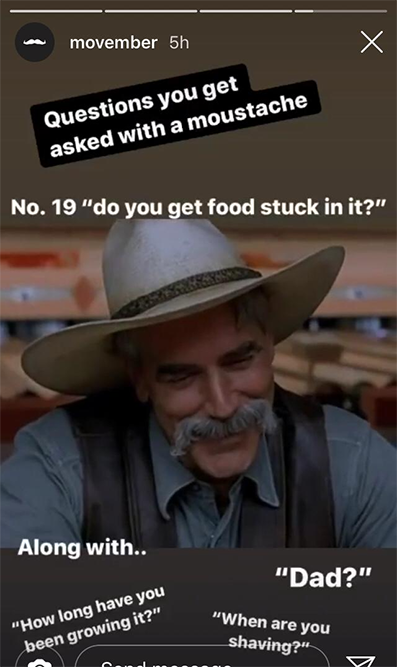 Movember Instagram story featuring man with mustache and cowboy hat