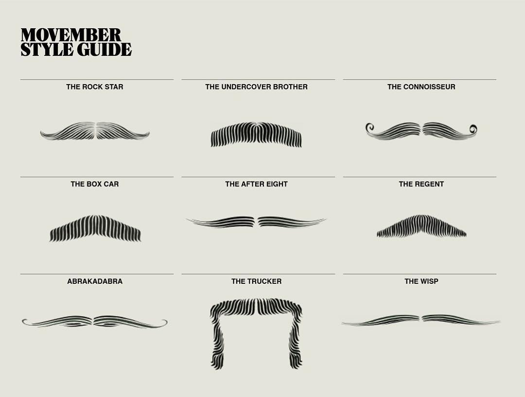 Movember style guide featuring different styles of moustaches