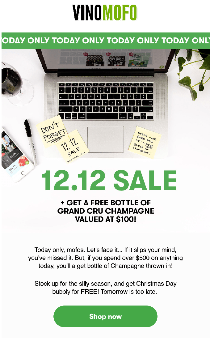 vinomofo free champagne christmas email offer