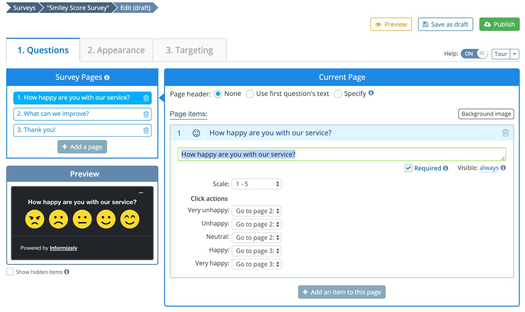 Informizely exit-intent pop-up builder UI