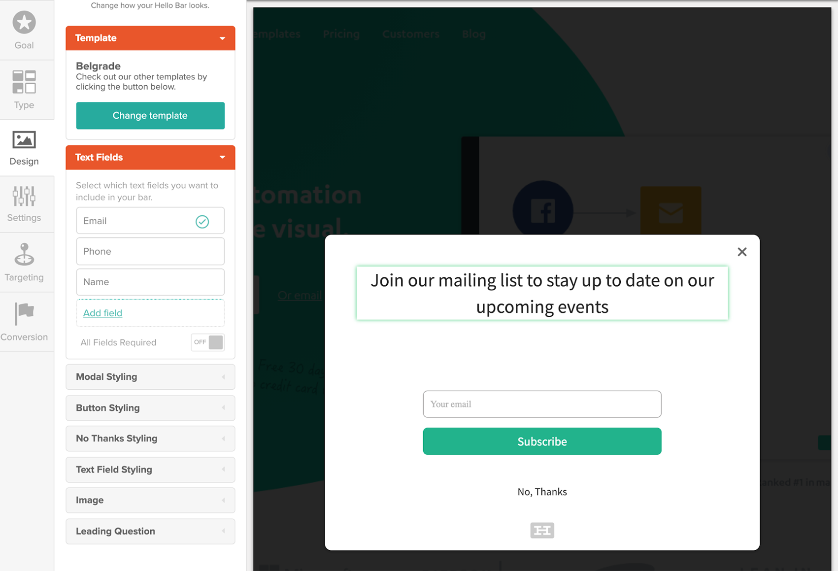 Hello Bar exit-intent pop-up builder UI