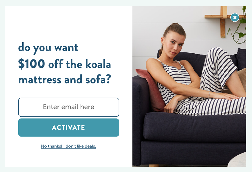 Koala mattress exit-intent pop-up $100 discount