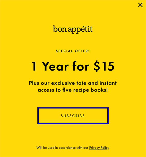 bon appetit exit-intent pop-up discount