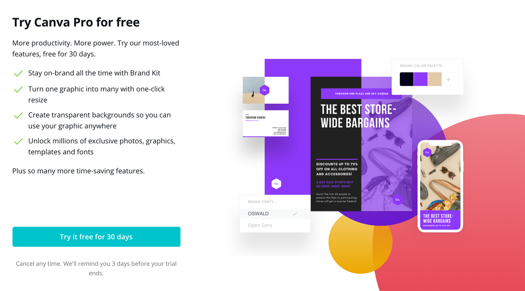 Canva Pro exit-intent pop-up free trial