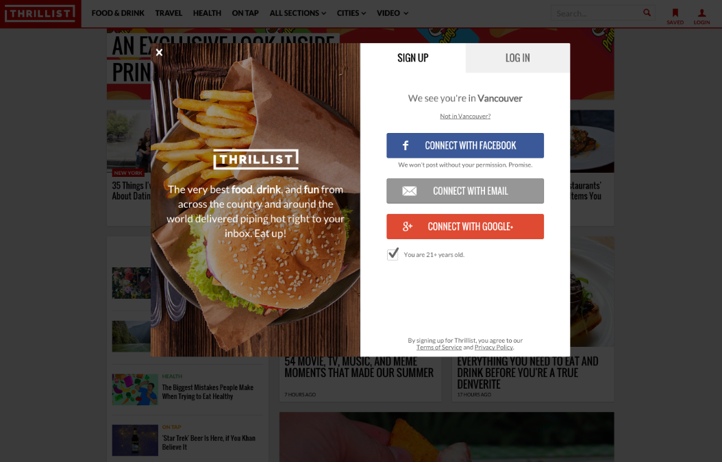 Thrillist exit-intent pop-up sign up