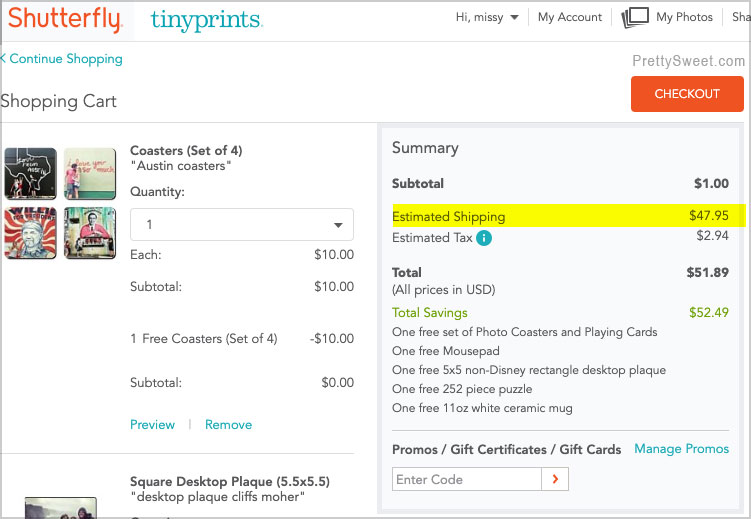 Shutterfly checkout screen with shipping costs