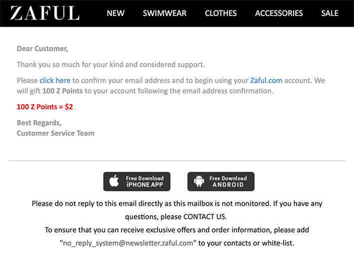 Screenshot of Zaful welcome confirmation email